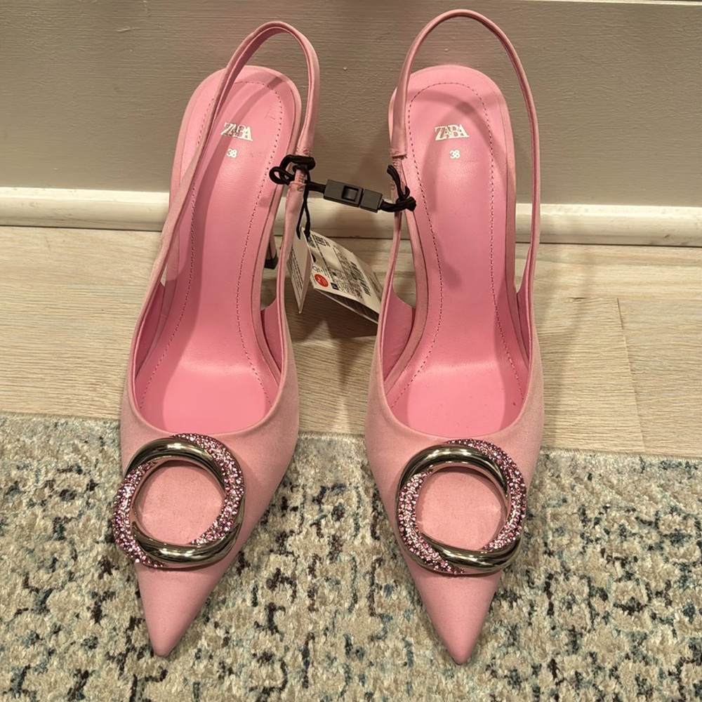 Zara satin pink embellished sling back pumps